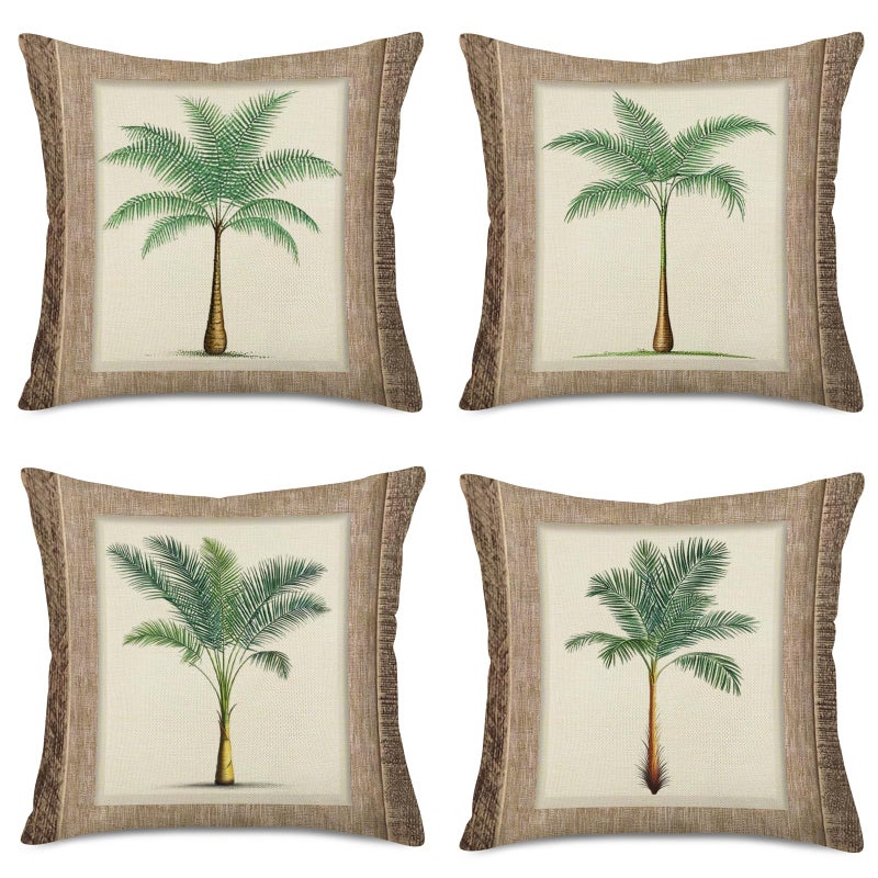 Fukeen Set of 4 Tropical Paradise Plant Throw Pillow Case Coconut Palm Tree Decorative Burlap Cushion Covers Exotic Beach Style Home Office Decorations Cotton Linen Square 18"x18" Pillow Protectors - Image 1
